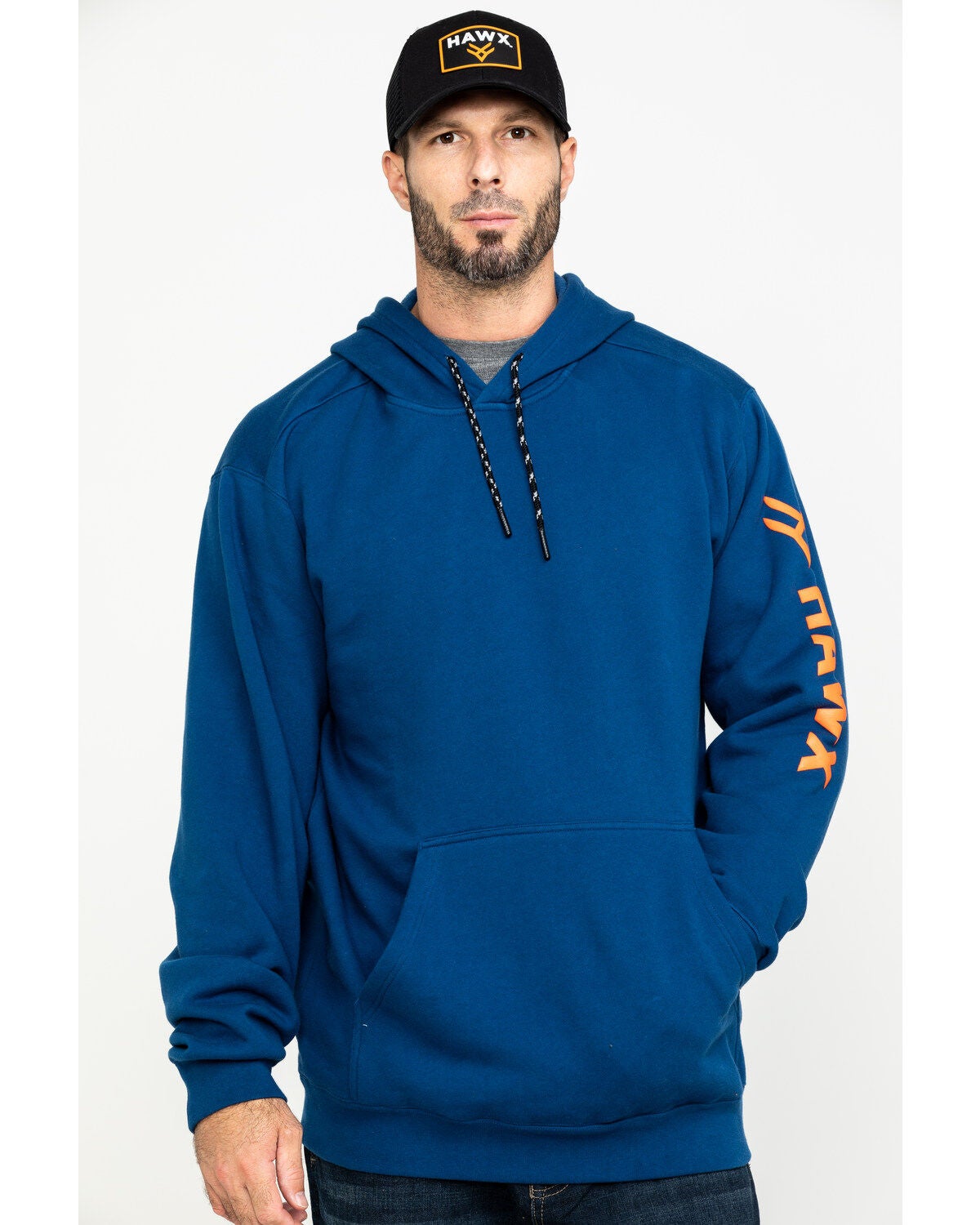 Hawx Men's Logo Sleeve Performance Fleece Hooded Work Sweatshirt, Blue, hi-res