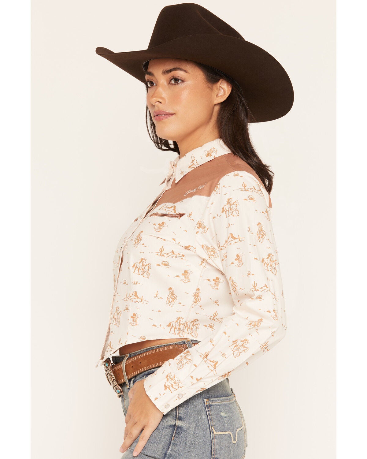 Image #2 - Ely Walker Women's Boot Barn Exclusive Western Conversational Print Long Sleeve Pearl Snap Cropped Western Shirt, Ivory, hi-res