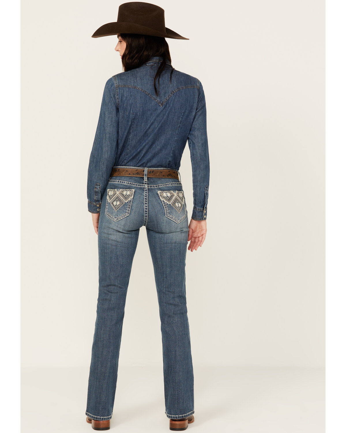 Image #1 - Rock & Roll Denim Women's Medium Wash Mid Rise Geo Print Stretch Bootcut Jeans, Medium Wash, hi-res