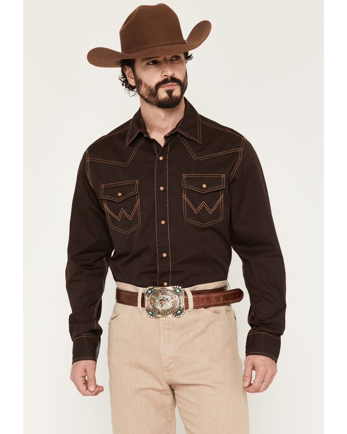 Image #1 - Wrangler Retro Men's Solid Long Sleeve Snap Western Shirt, Brown, hi-res