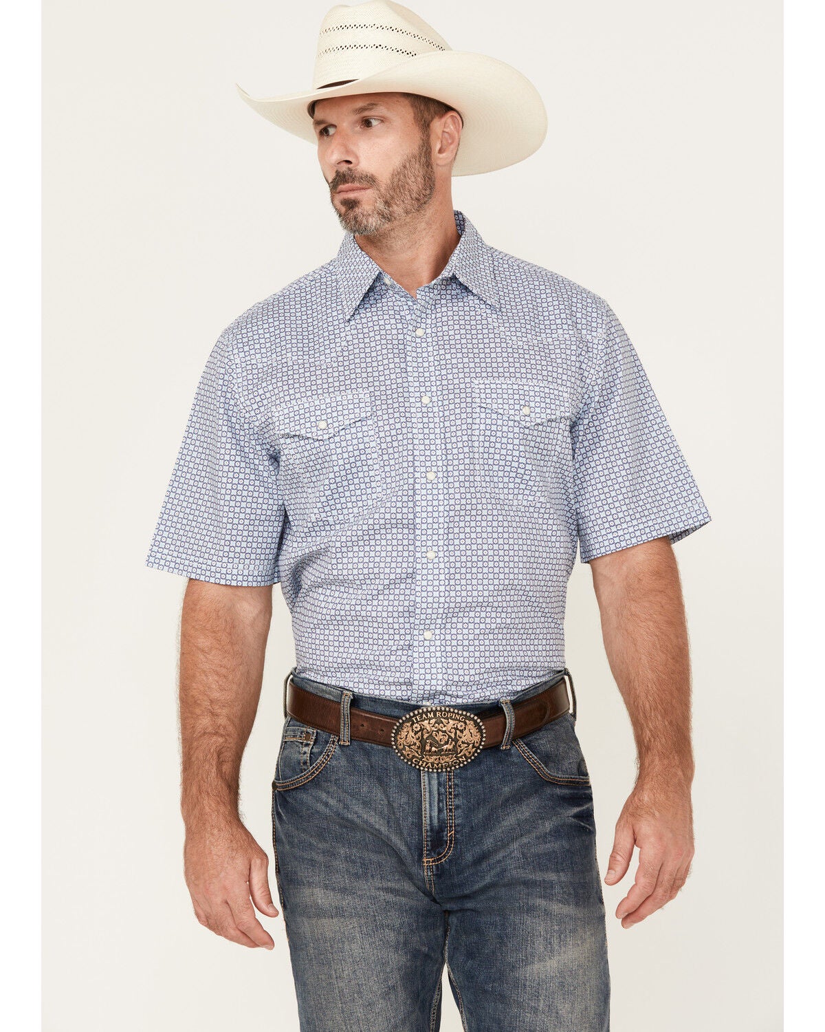 Wrangler 20X Men's Geo Print Short Sleeve Snap Stretch Western Shirt, Blue, hi-res