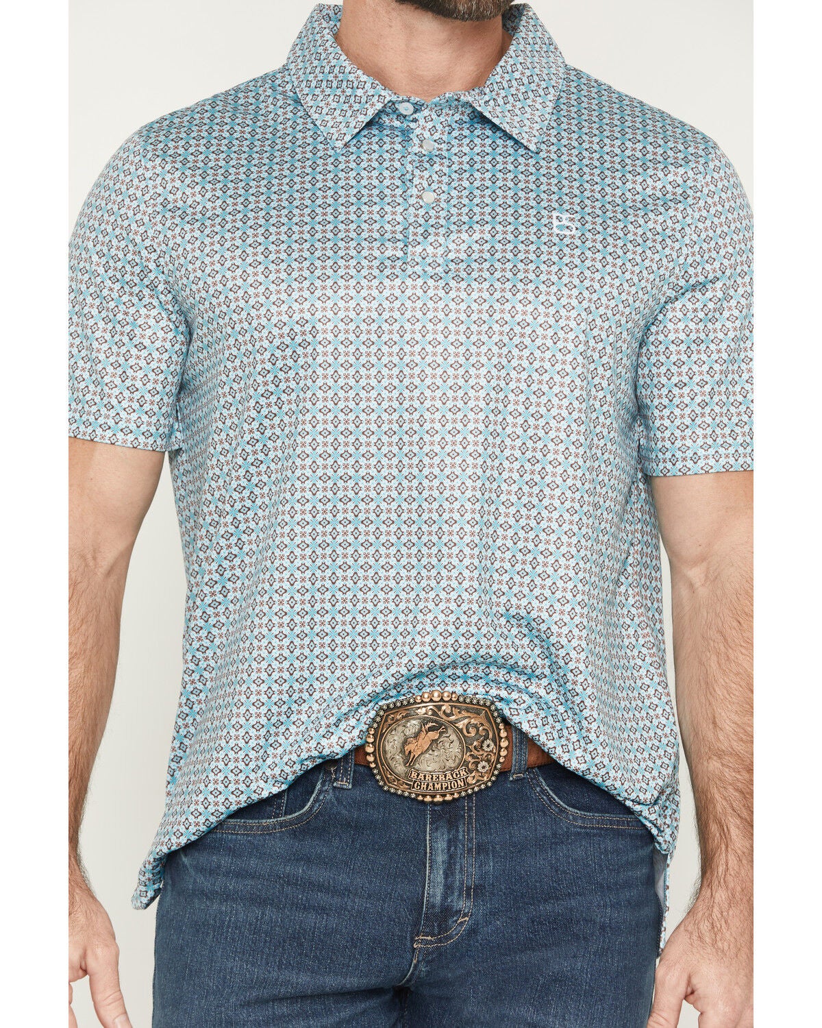 Image #3 - Panhandle Slim Men's Medallion Print Short Sleeve Snap Performance Polo Shirt, Turquoise, hi-res