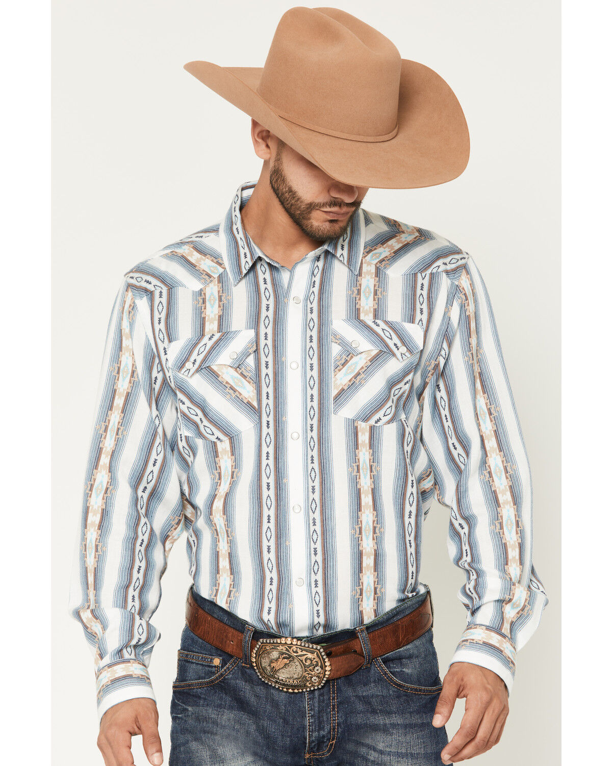 Image #1 - Panhandle Men's Vintage Southwestern Striped Long Sleeve Pearl Snap Western Shirt, Natural, hi-res