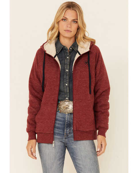 Ariat Women's R.E.A.L Rhubarb Arm Logo Sherpa-Lined Zip-Front Hoodie , Red, hi-res