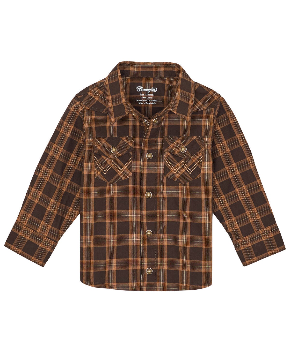 Wrangler Toddler Boys' Plaid Print Long Sleeve Snap Western Shirt, Brown, hi-res
