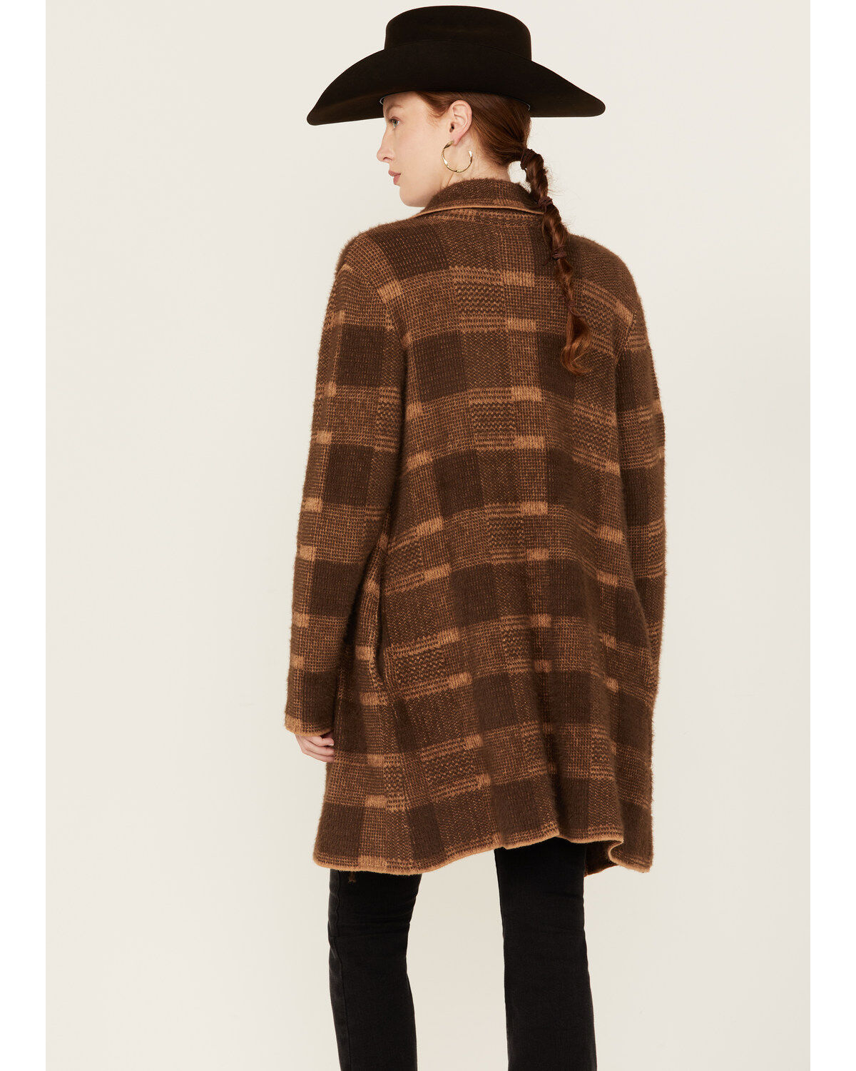 Image #8 - Panhandle Women's Plaid Print Knit Sweater Coat, Dark Brown, hi-res