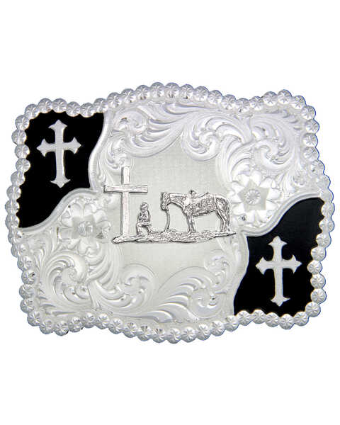 Montana Silversmiths Cross and Christian Cowboy Belt Buckle, Silver, hi-res