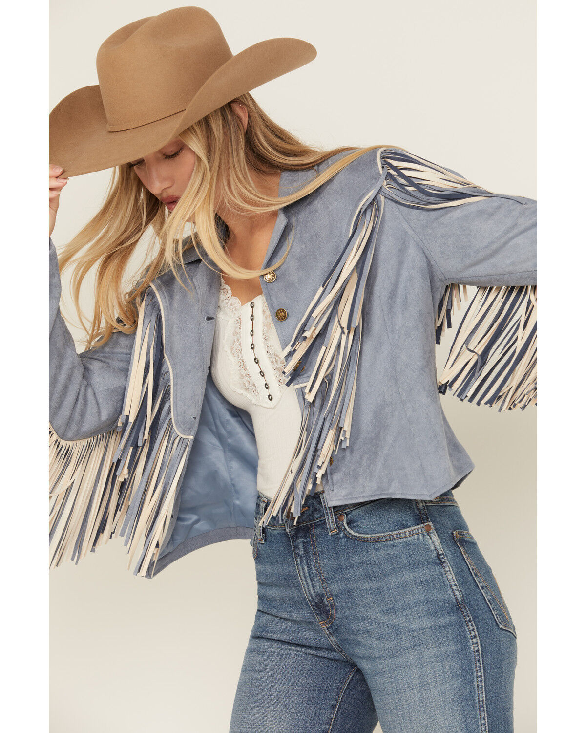 Image #2 - Saints & Hearts Women's Faux Fringe Suede Button-Down Jacket, Blue, hi-res