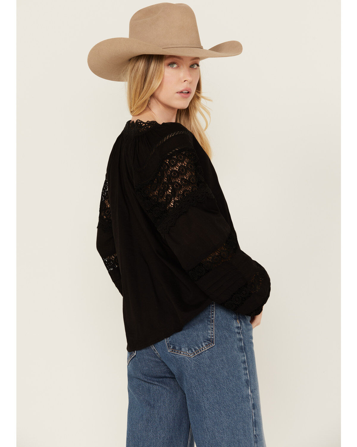 Image #4 - Revel Women's Long Sleeve Crochet Trim Top, Black, hi-res