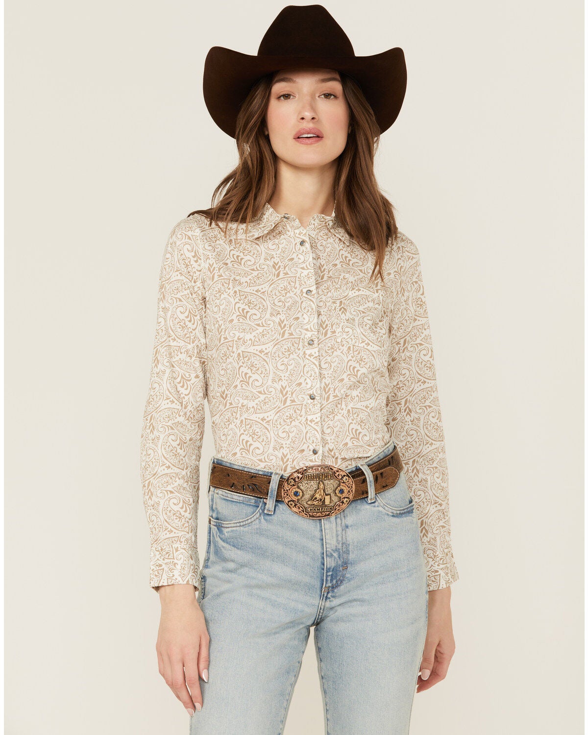 Shyanne Women's Paisley Print Long Sleeve Snap Stretch Western Shirt, Off White, hi-res