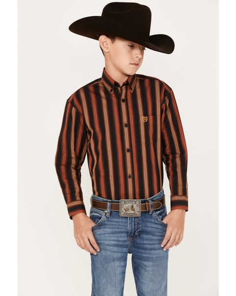 Panhandle Boys' Stripe Print Long Sleeve Button-Down Shirt, Rust Copper, hi-res