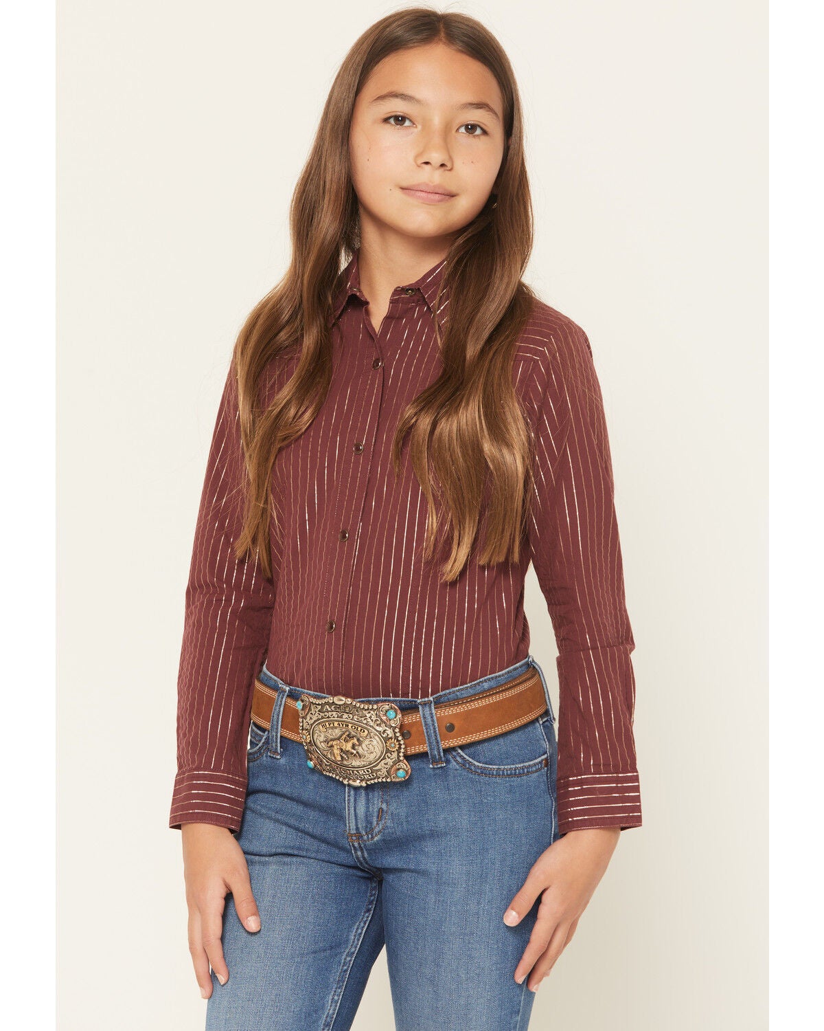 Image #1 - Cruel Girl Girls' Striped Long Sleeve Snap Western Shirt, Burgundy, hi-res