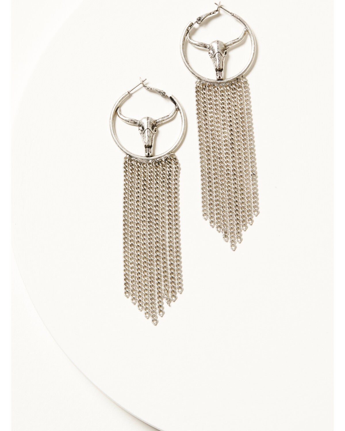 Image #1 - Idyllwind Women's Shelby Steer Head Fringe Hoop Earrings, Silver, hi-res