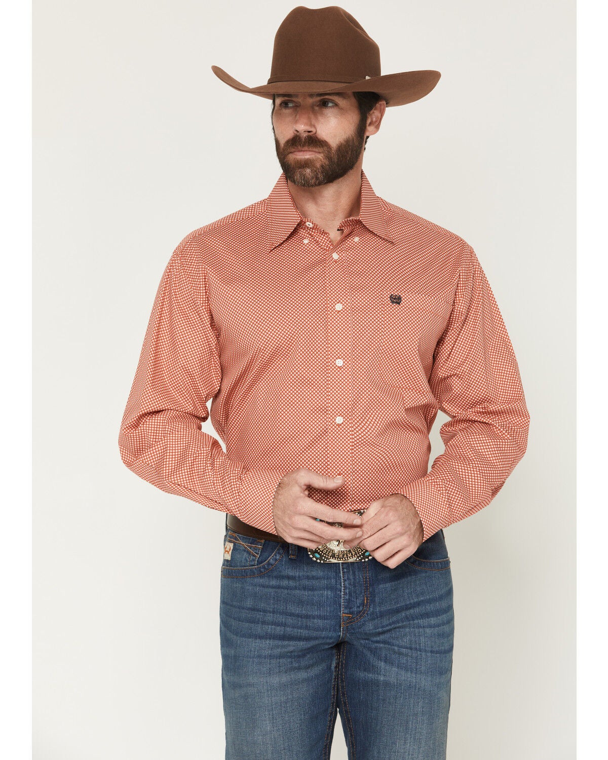 Cinch Men's Geo Print Long Sleeve Button-Down Stretch Western Shirt, Red, hi-res
