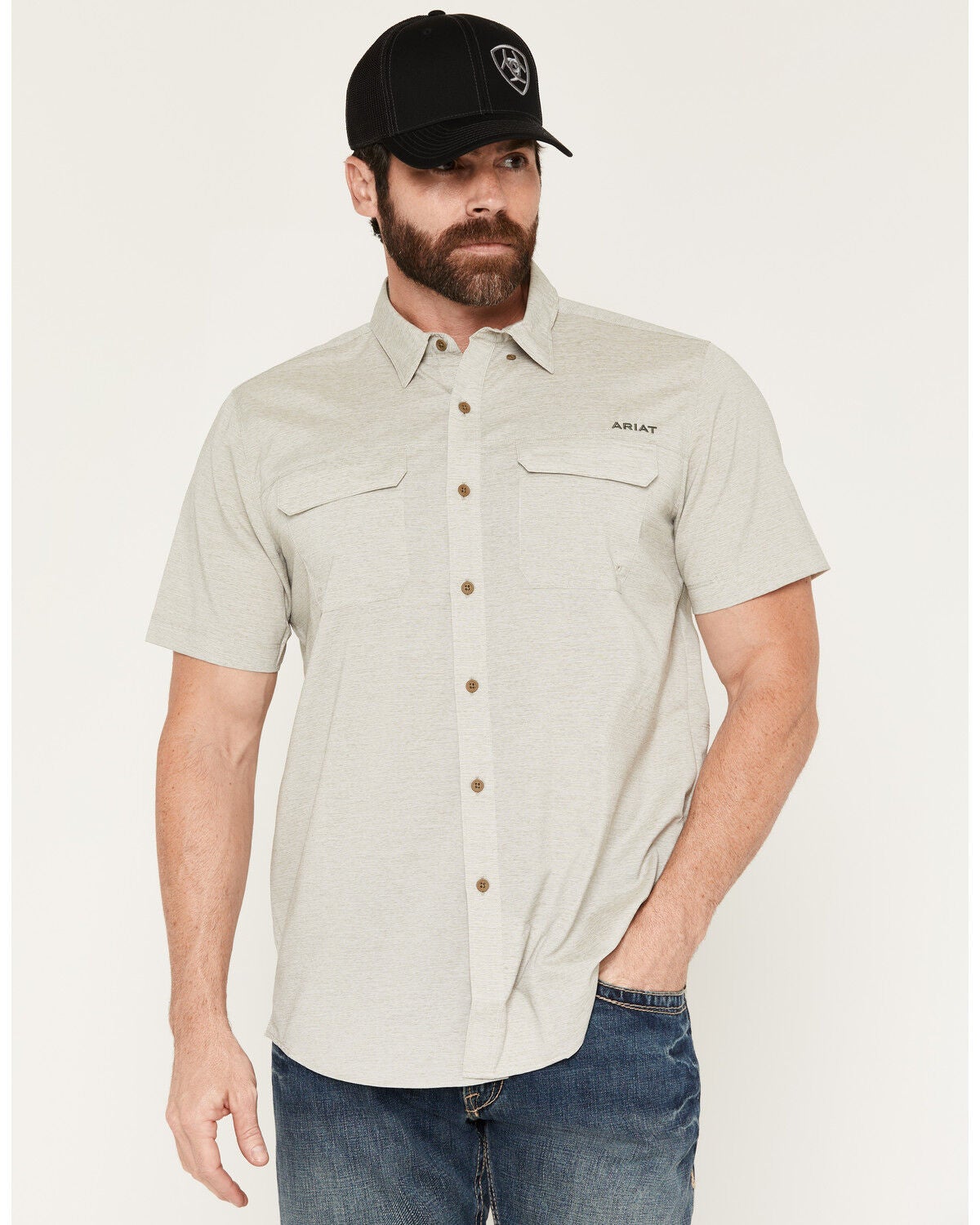 Ariat Men's VentTek Solid Short Sleeve Button-Down Performance Western Shirt, Tan, hi-res