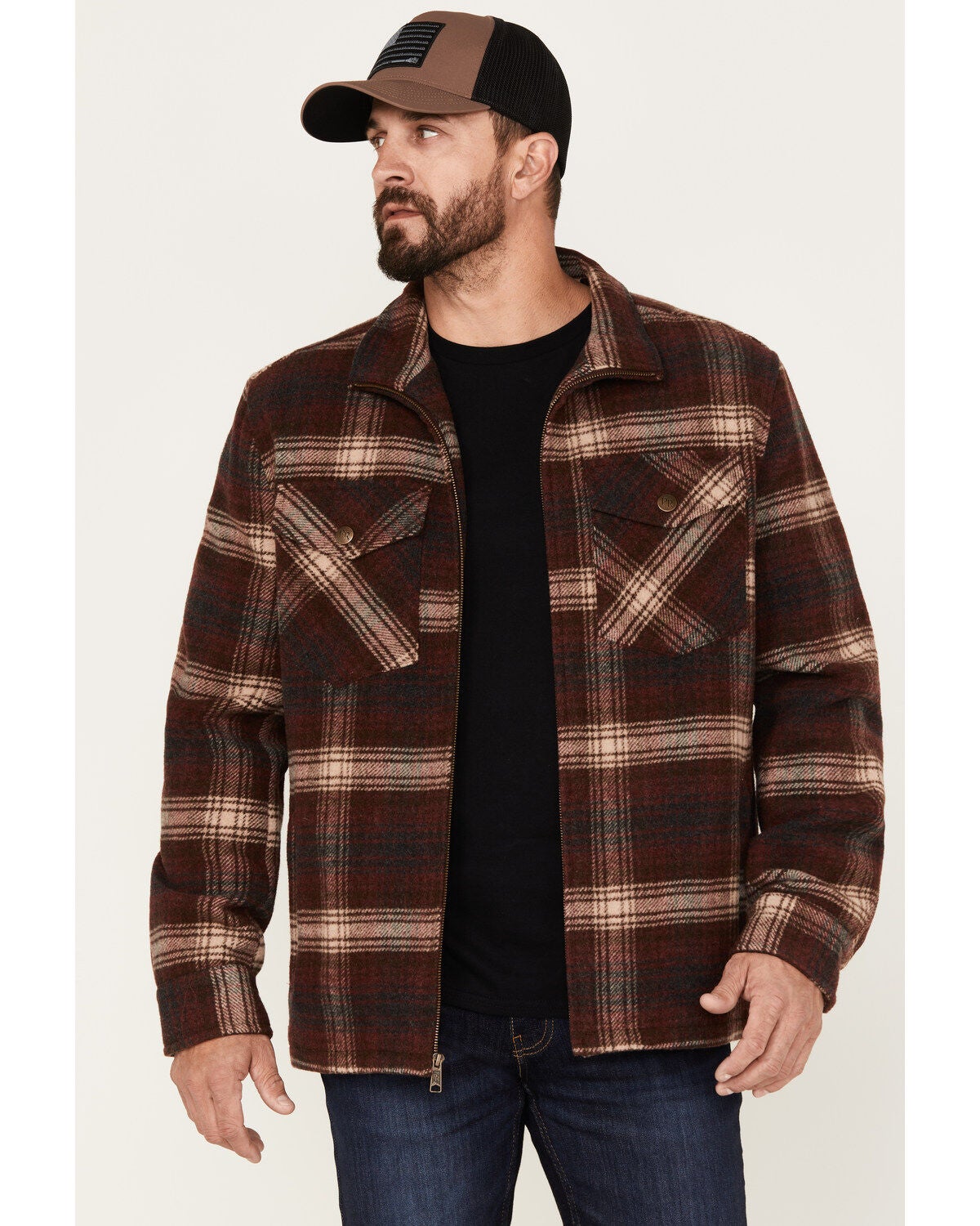 Powder River Outfitters Men's Plaid Print Full-Zip Wool Jacket, Burgundy, hi-res