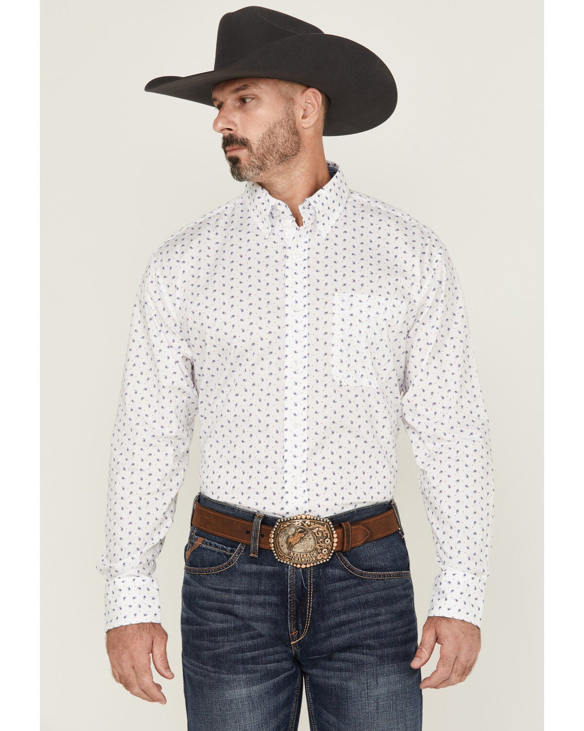 George Strait by Wrangler Men's Paisley Print Long Sleeve Button-Down Stretch Western Shirt, White, hi-res