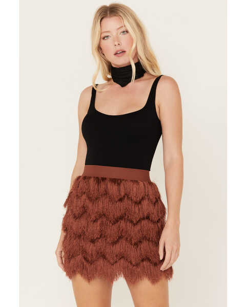 Shyanne Women's Fringe Flapper Mini Skirt, Brown, hi-res