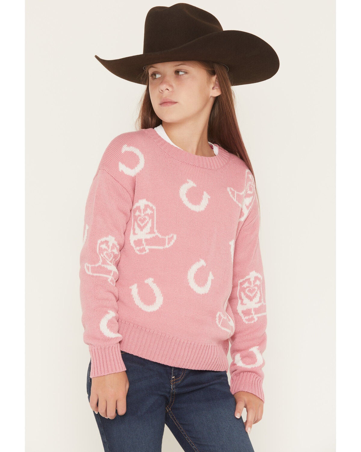 Self Esteem Girls' Horseshoe and Boots Sweater, Pink, hi-res