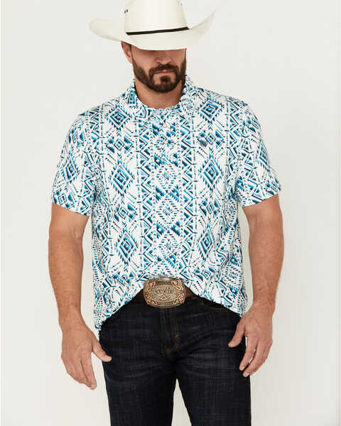 Panhandle Men's Southwestern Print Short Sleeve Performance Polo Shirt , White, hi-res