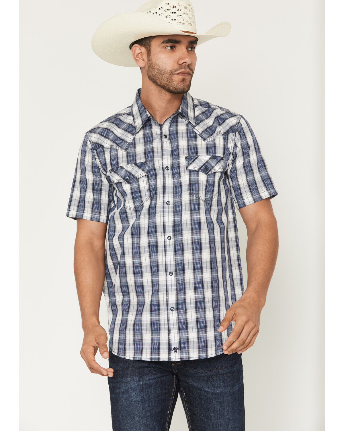 Image #1 - Moonshine Spirit Men's Desert Willow Plaid Print Short Sleeve Pearl Snap Western Shirt, Blue, hi-res