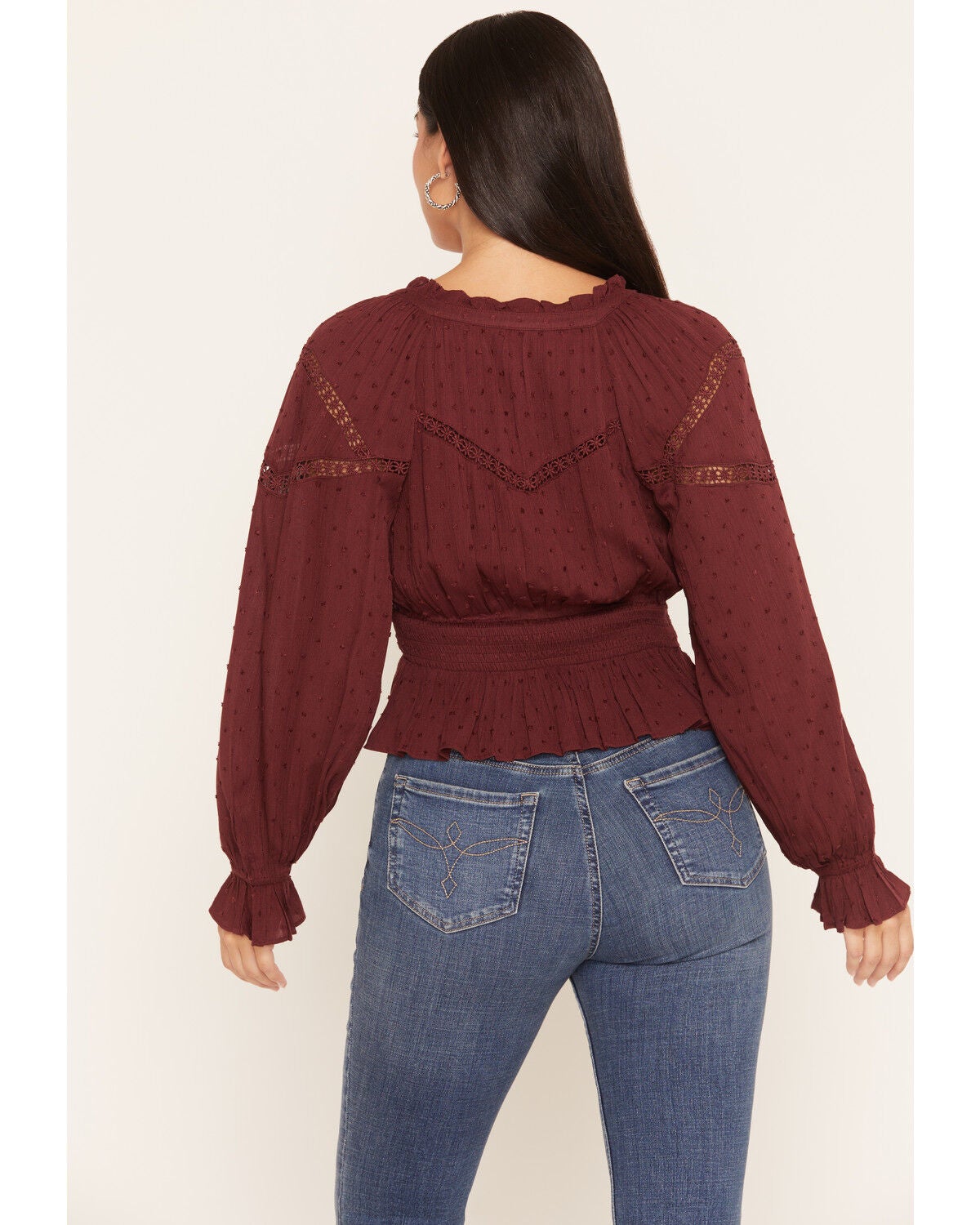 Image #4 - Miss Me Women's Smocked Waist Long Sleeve Blouse, Burgundy, hi-res