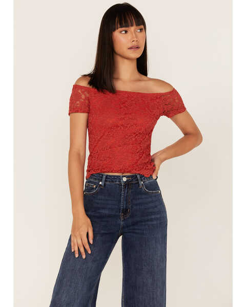 Image #1 - Panhandle Women's Floral Lace Off Shoulder Shirt, Red, hi-res