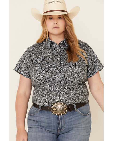 Image #1 - Rough Stock by Panhandle Women's Floral Print Short Sleeve Stretch Pearl Snap Western Shirt - Plus , , hi-res
