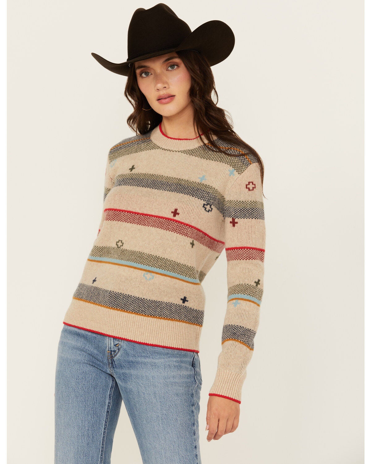 Pendleton Women's Striped Sweater, Oatmeal, hi-res