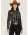 Panhandle Women's Southwestern Print Long Sleeve Western Snap Shirt, Black, hi-res