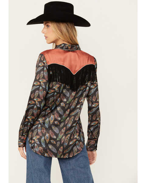 Image #4 - Scully Women's Feather Print Long Sleeve Pearl Snap Western Fringe Shirt, Black, hi-res