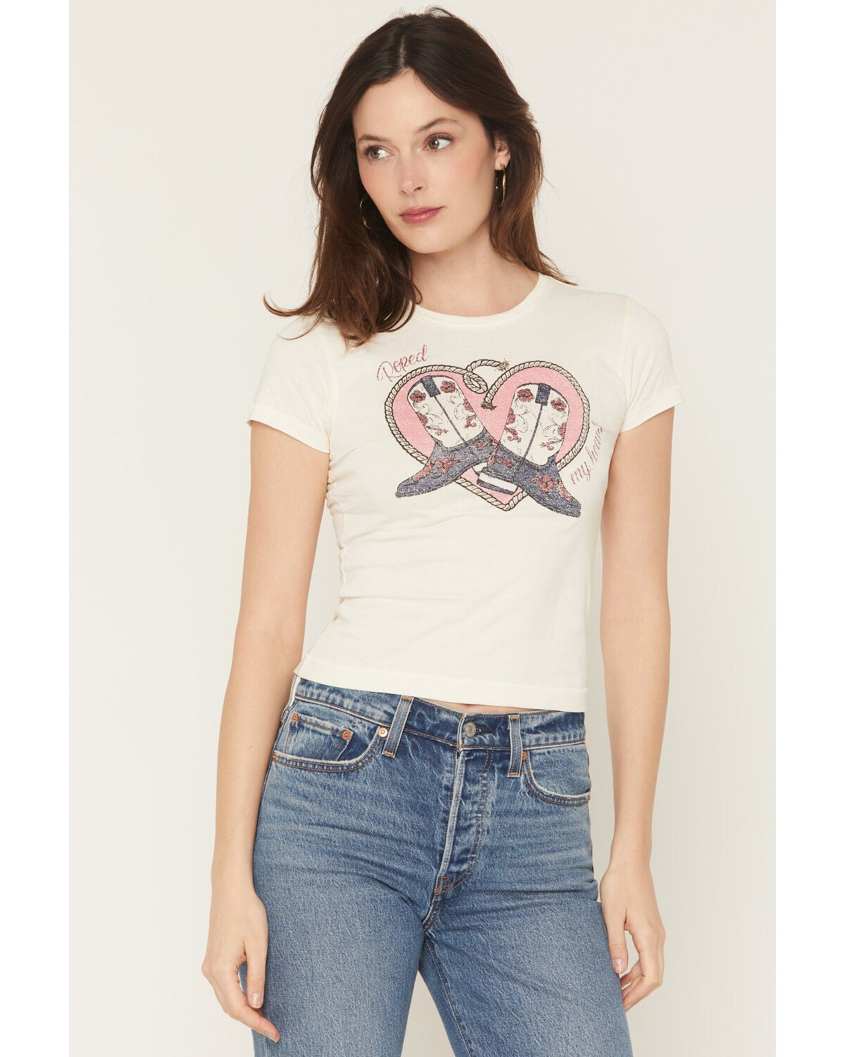 Shyanne Women's Roped My Heart Short Sleeve Graphic Baby Tee, Cream, hi-res