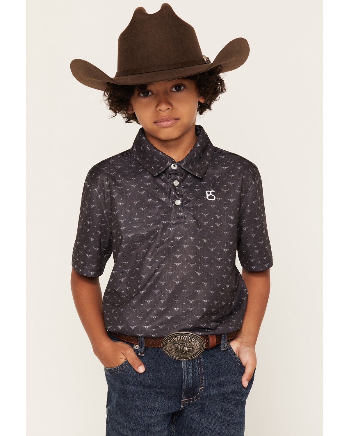Panhandle Slim Boys' Steer Head Print Short Sleeve Polo, Black, hi-res