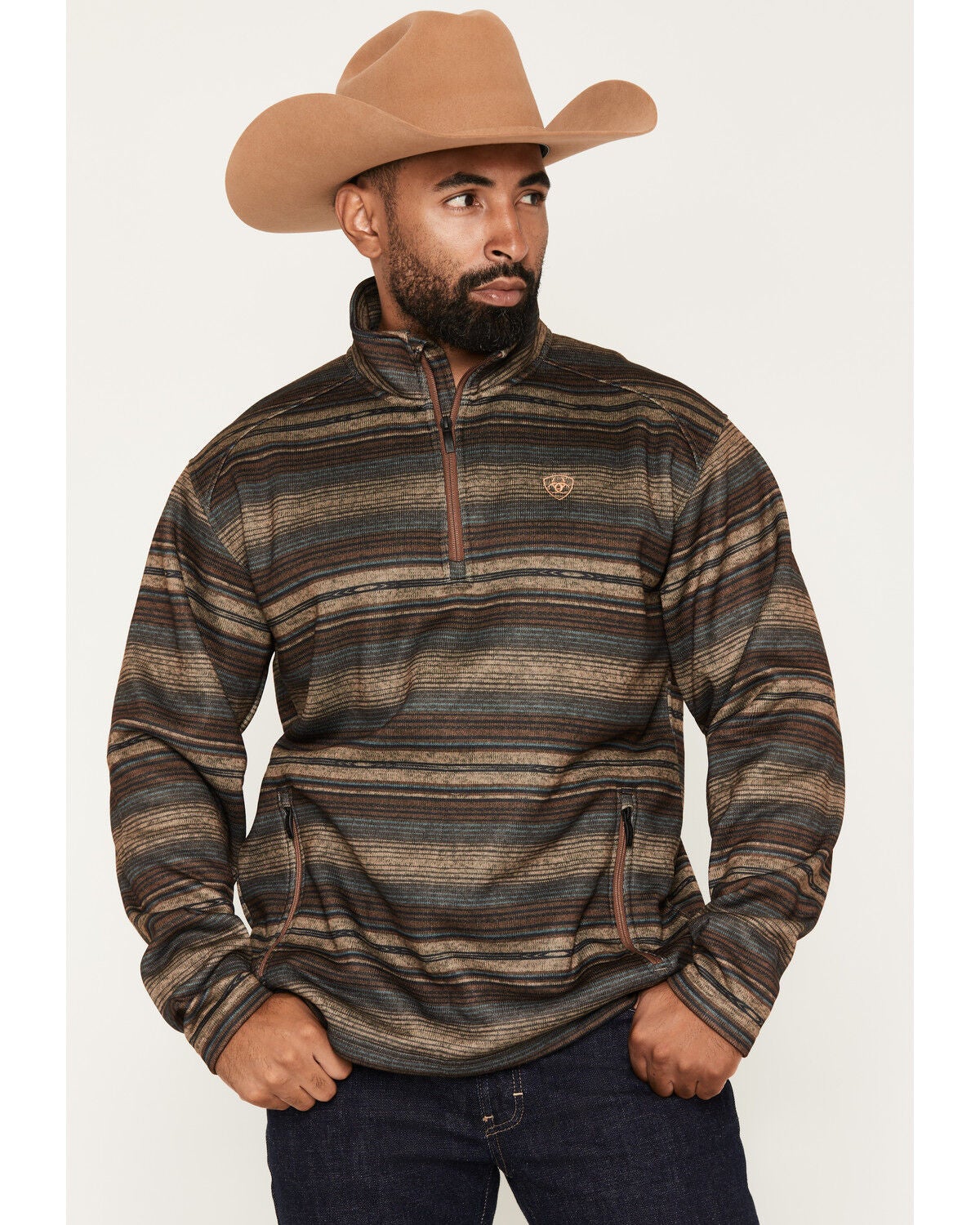Ariat Men's Caldwell Striped 1/4 Zip Pullover, Brown, hi-res