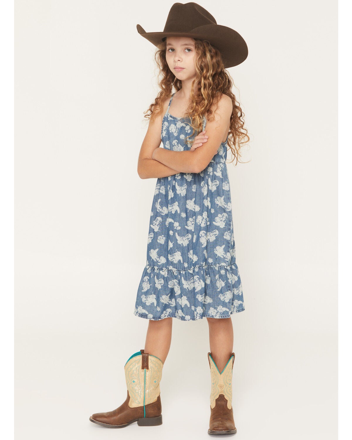 Wrangler Girls' Floral Boot Denim Dress, Blue, hi-res