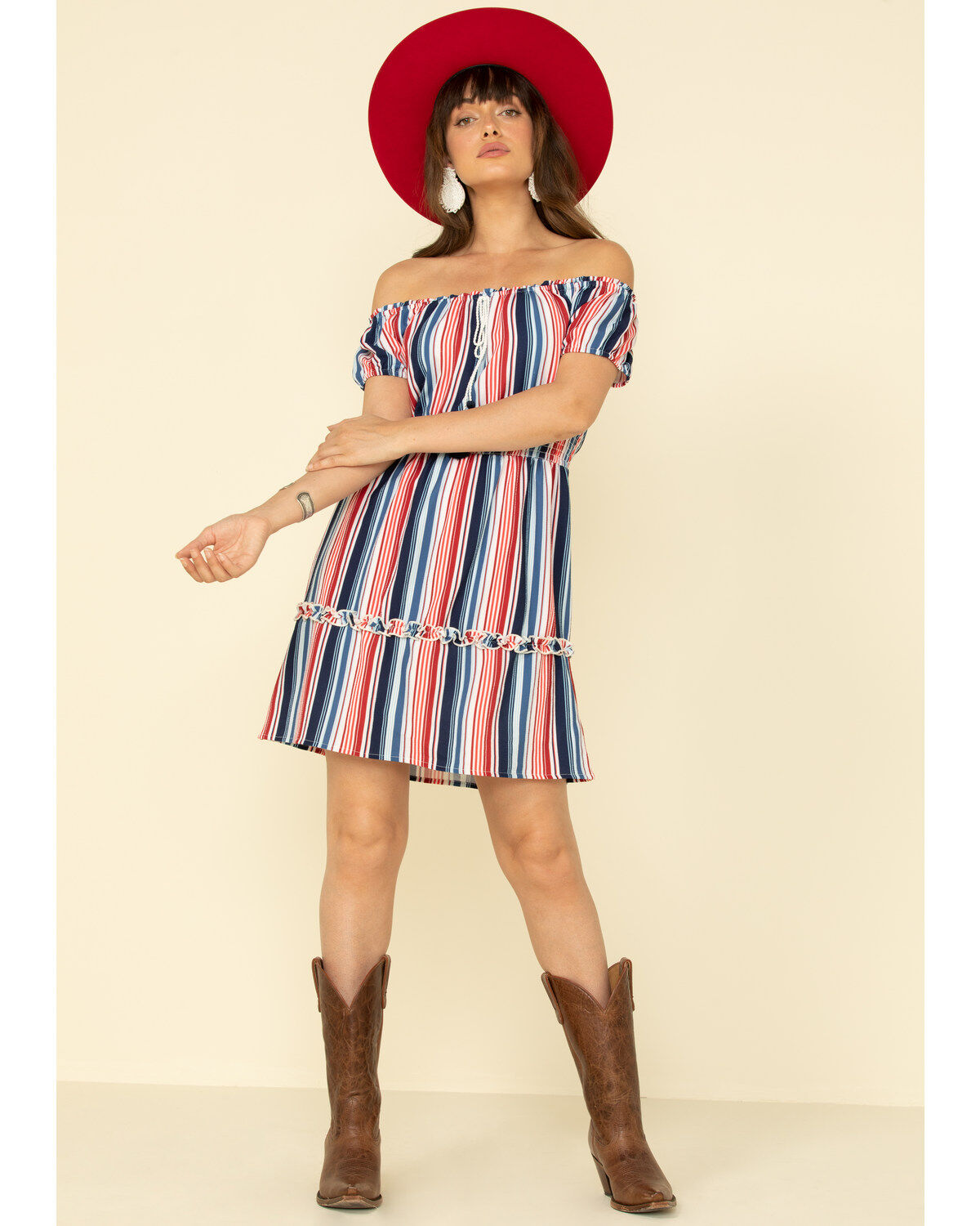 Image #3 - Rock & Roll Denim Women's Stripe Off The Shoulder Mini Dress, Red/white/blue, hi-res