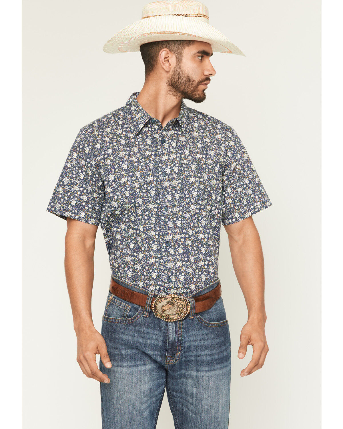 Image #1 - Gibson Trading Co Men's Scenic Route Floral Print Short Sleeve Button-Down Western Shirt, Navy, hi-res