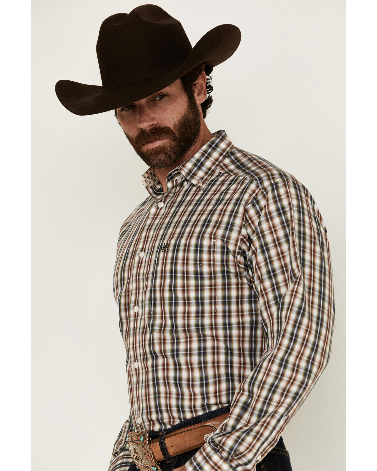 Image #2 - Ariat Men's Wrinkle Free Folk Plaid Print Long Sleeve Button-Down Western Shirt, Brown, hi-res