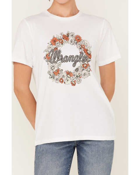 Image #3 - Wrangler Women's Floral Wreath Logo Graphic Tee, White, hi-res