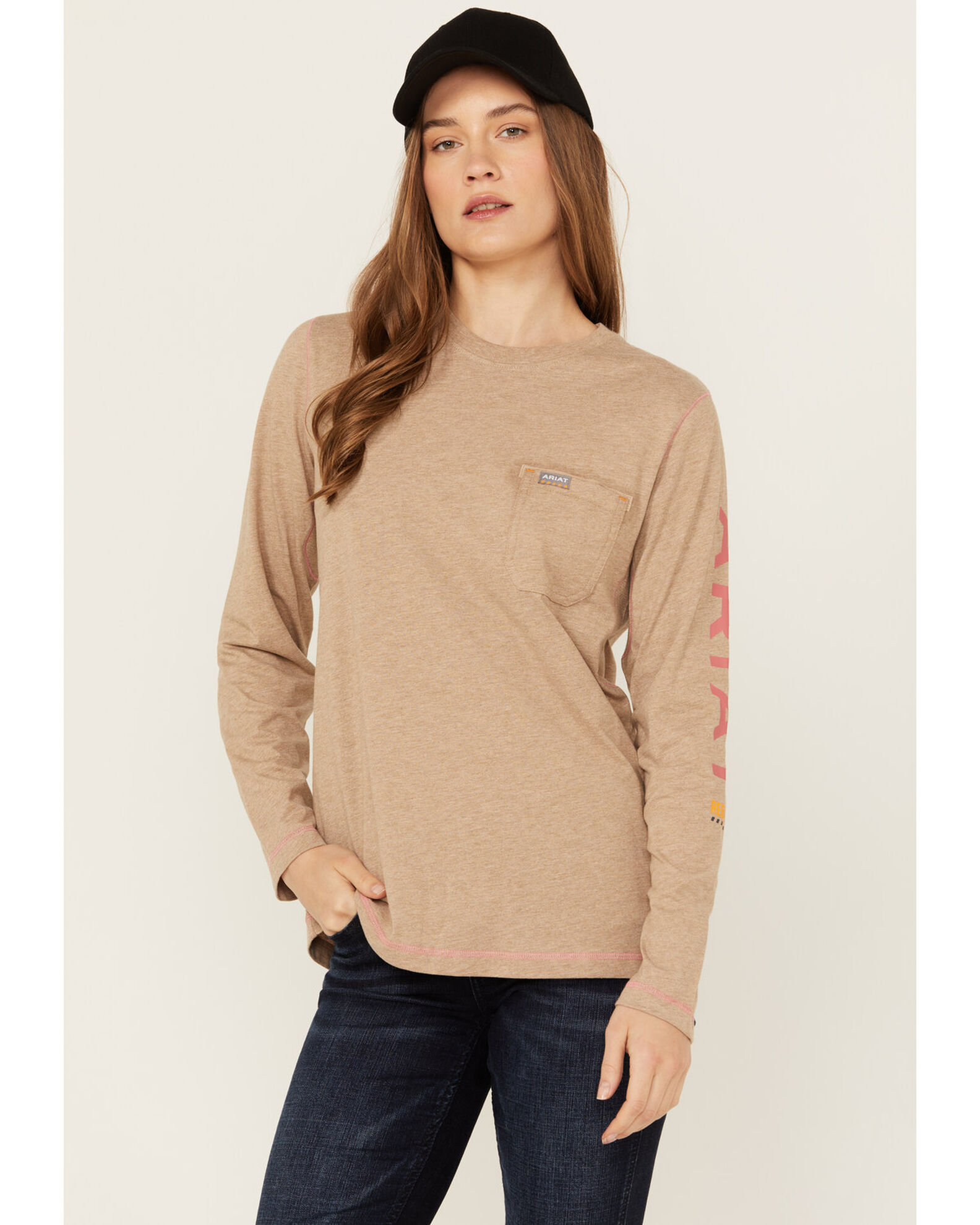 Image #1 - Ariat Women's Rebar Workman Logo Long Sleeve Work T-Shirt, Beige, hi-res
