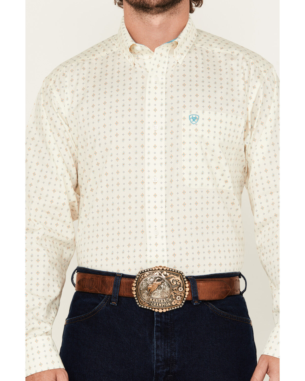 Image #3 - Ariat Men's Wrinkle Free Griffin Geo Print Long Sleeve Button-Down Western Shirt, Cream, hi-res