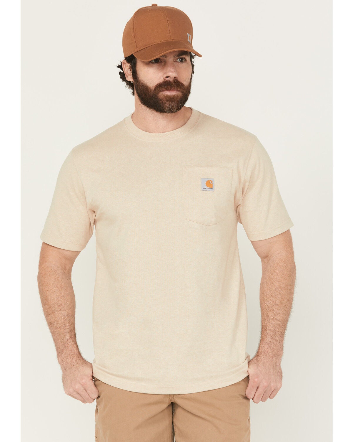 Carhartt Men's Loose Fit Heavyweight Logo Pocket Work T-Shirt, Cream, hi-res