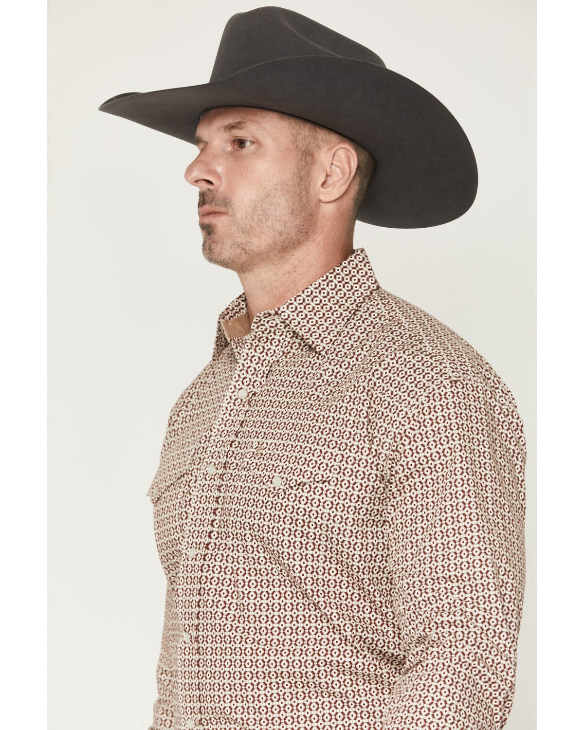 Image #2 - Stetson Men's Geo Print Long Sleeve Pearl Snap Western Shirt, Burgundy, hi-res