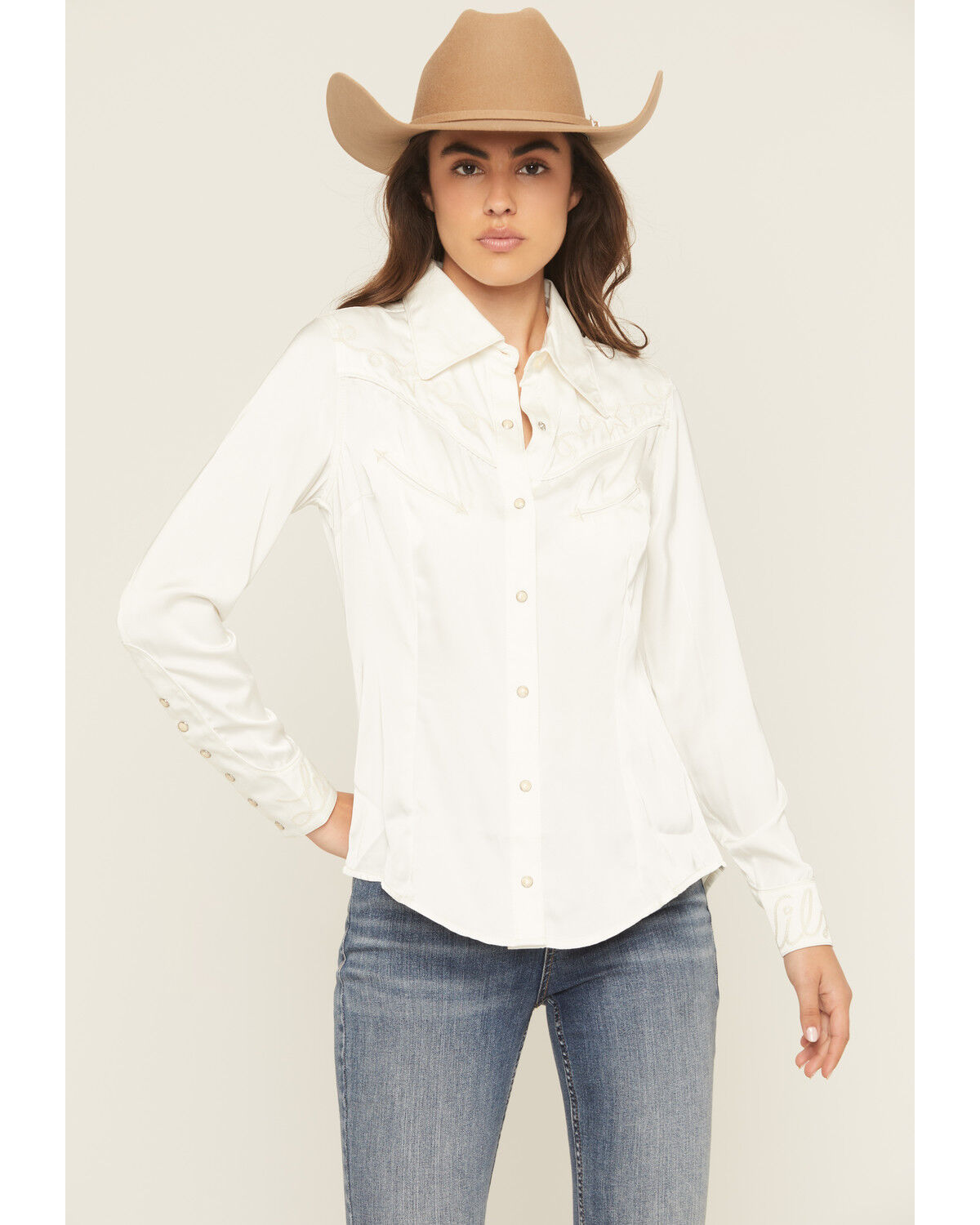 Image #1 - Wrangler X Lainey Wilson Women's Satin Star Embroidered Long Sleeve Snap Western Shirt, White, hi-res