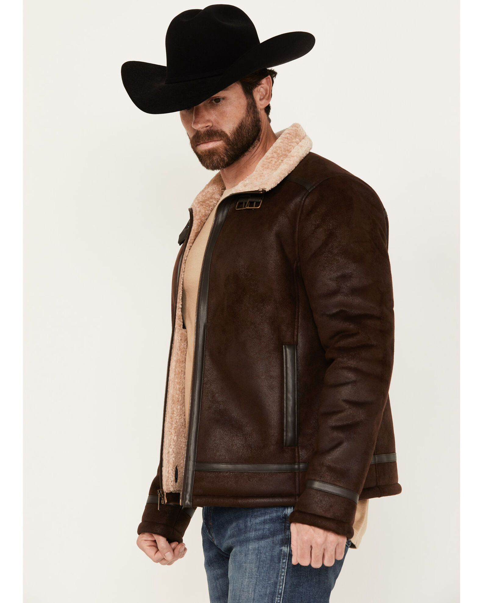 Image #2 - Moonshine Spirit Men's Sherpa Lined Faux Leather Jacket, Dark Brown, hi-res