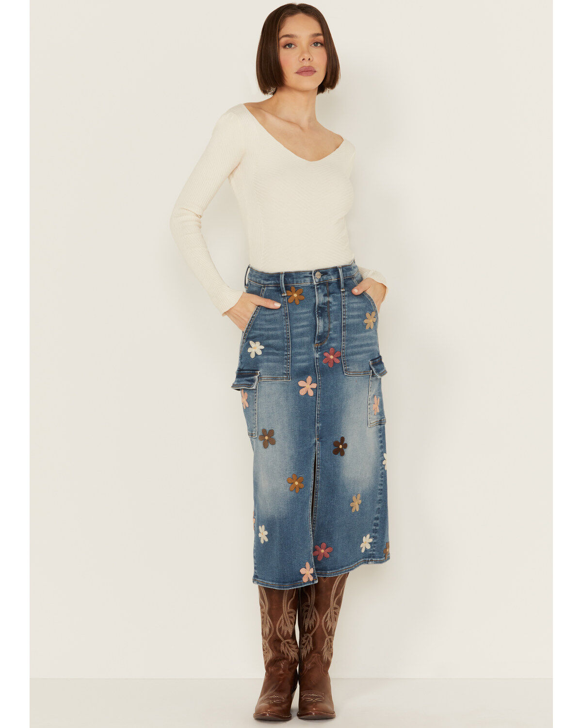 Image #1 - Driftwood Women's Medium Wash Floral Embroidered Denim Cargo Midi Skirt, Dark Wash, hi-res