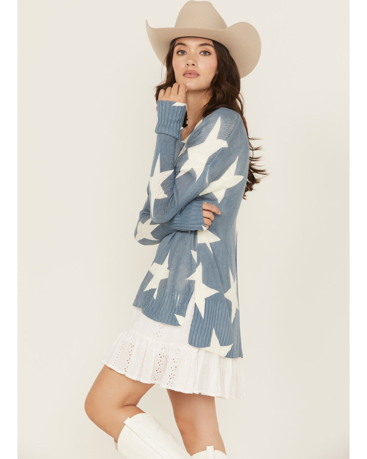 Image #2 - Rock & Roll Denim Women's Star Sweater, Blue, hi-res