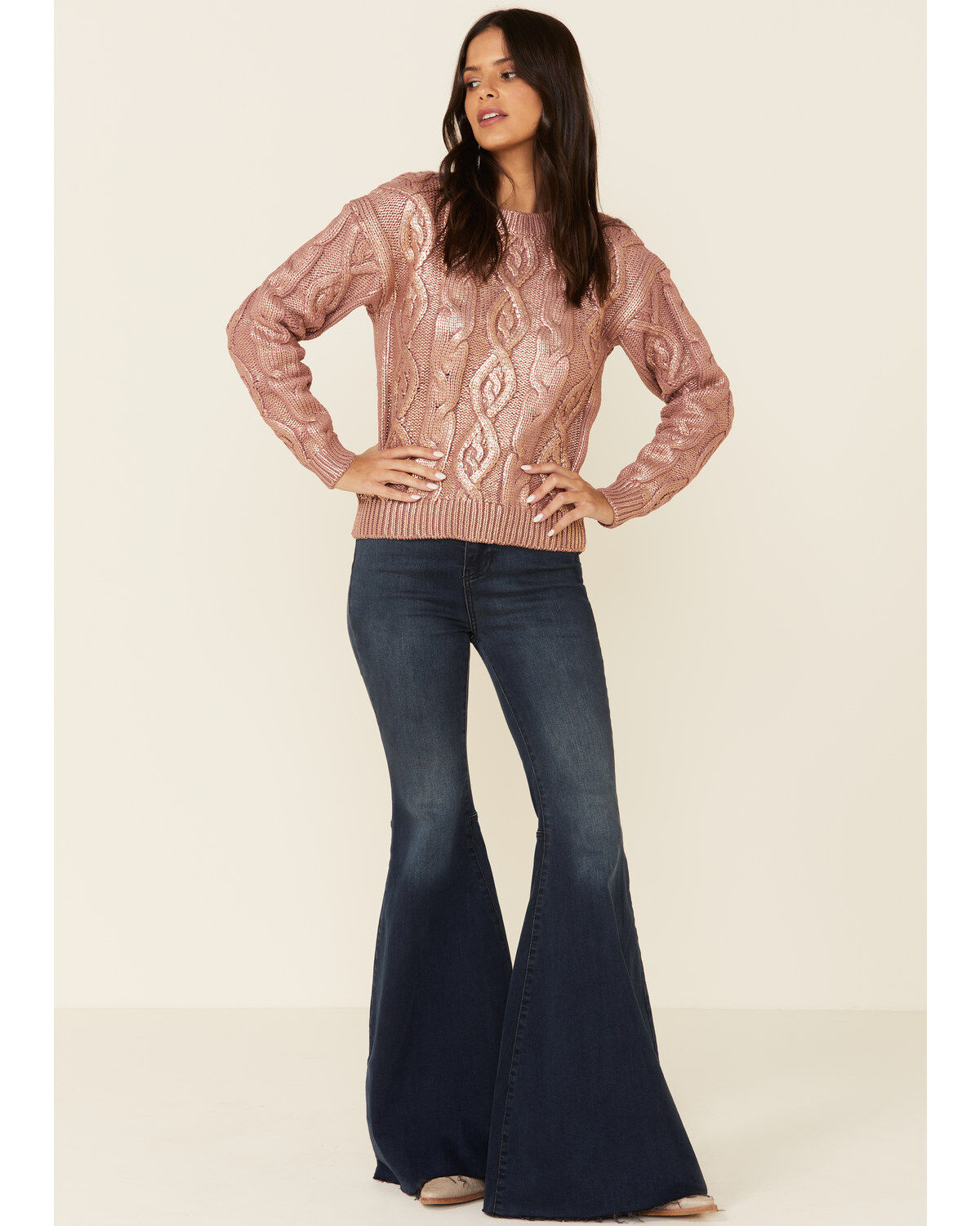 Image #2 - Rock & Roll Denim Women's Mauve Metallic Cable Knit Sweater , , hi-res