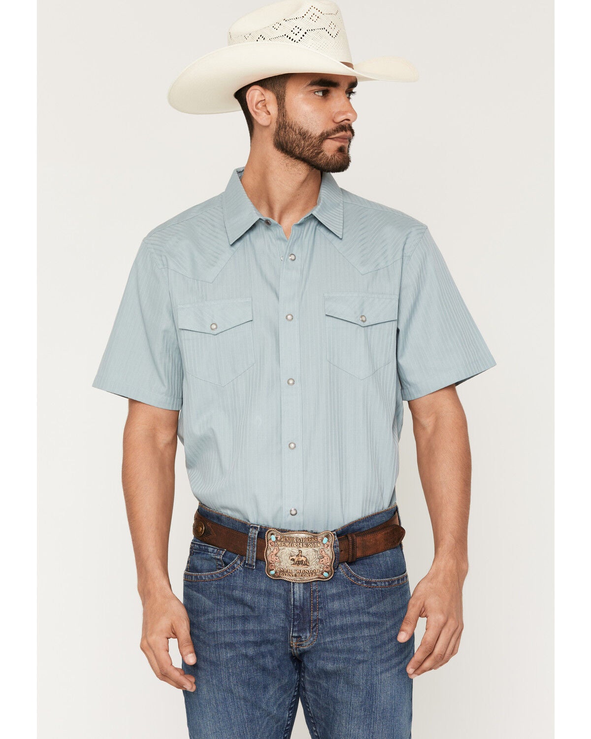 Gibson Trading Co Men's Basic Satin Striped Short Sleeve Snap Western Shirt, Light Blue, hi-res