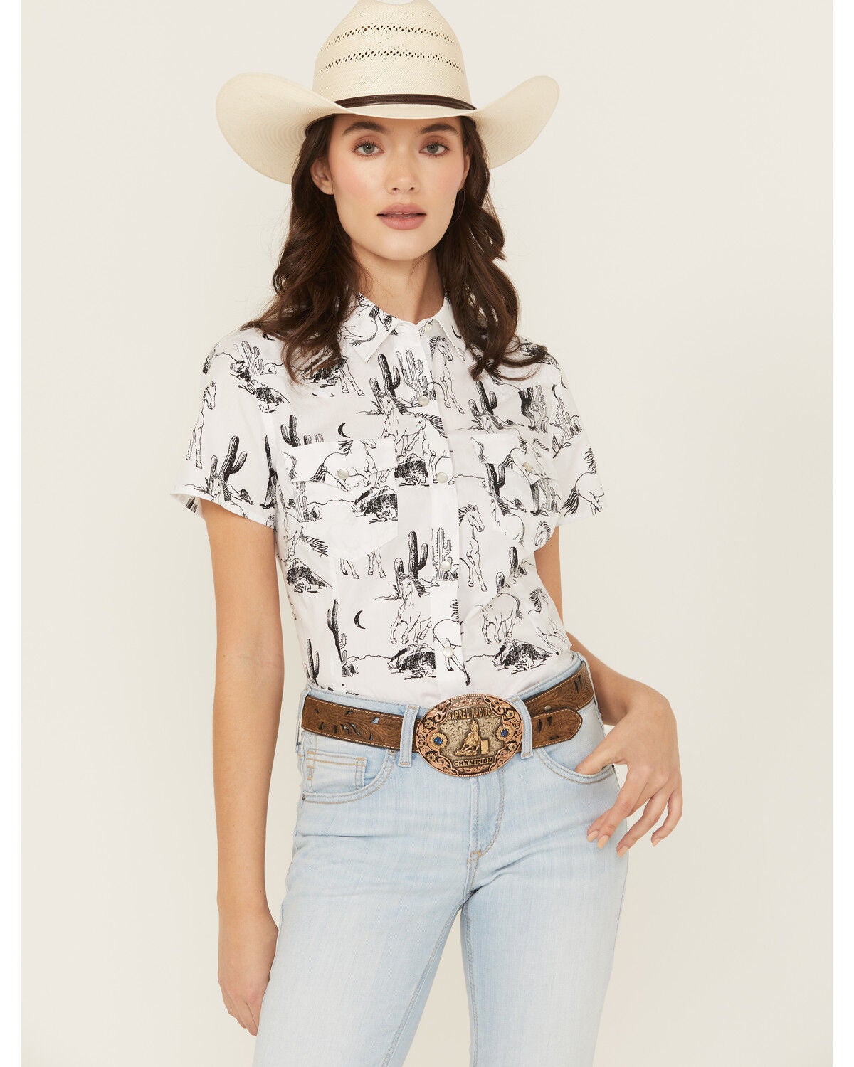Wrangler Retro Women's Boot Barn Exclusive Horse Print Short Sleeve Snap Western Shirt, Black/white, hi-res